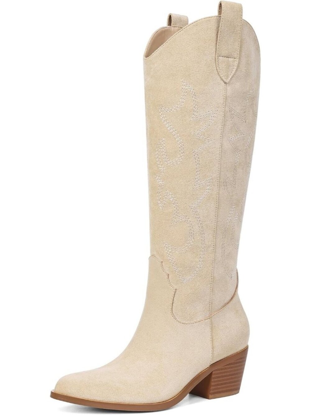 Women's Beige Pull-On Western Chunky Cowgirl Cowboy Knee High Boots